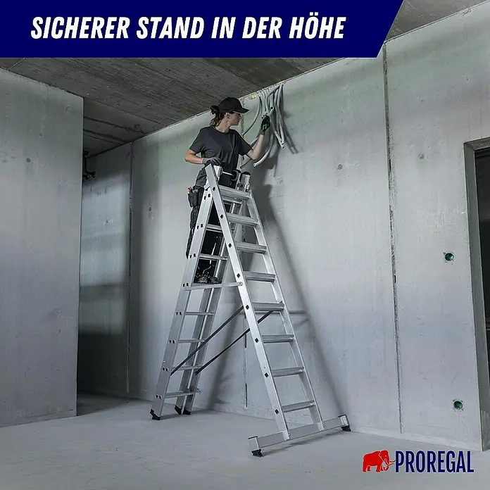 Proregal Mehrzweckleiter 3-teilig - Anzahl Tritte: 24 Stk., Arbeitshöhe: 6.900 mm, Belastbarkeit: 150 kg, Aluminium - Silberne Aluminium-Mehrzweckleiter bietet einer Arbeiterin sicheren Stand bei der Installation von Kabeln in der Höhe.