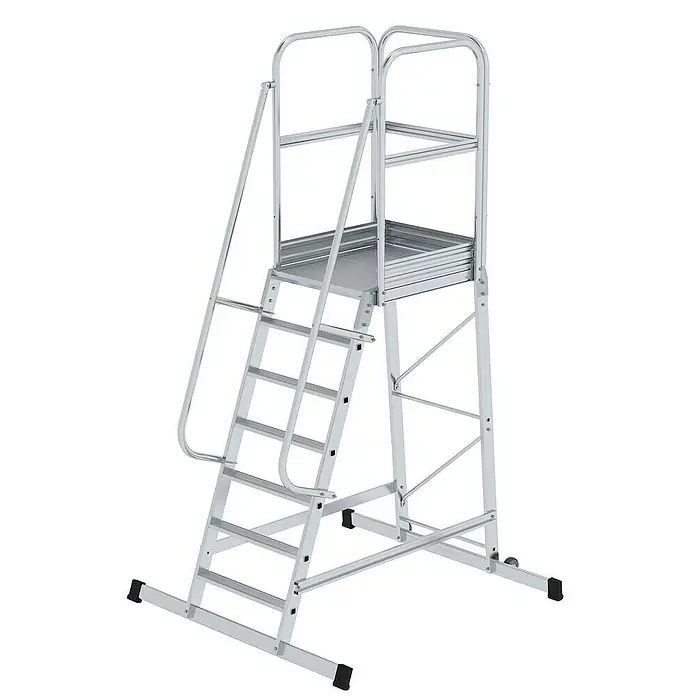 Proregal Stehleiter Plattformleiter mit Rollen - Anzahl Tritte: 7 Stk., Arbeitshöhe: 3.650 mm, Belastbarkeit: 150 kg, Aluminium - Silberfarbene Aluminium-Arbeitsplattform mit rutschfesten Stufen und Handläufen für sicheren Zugang.