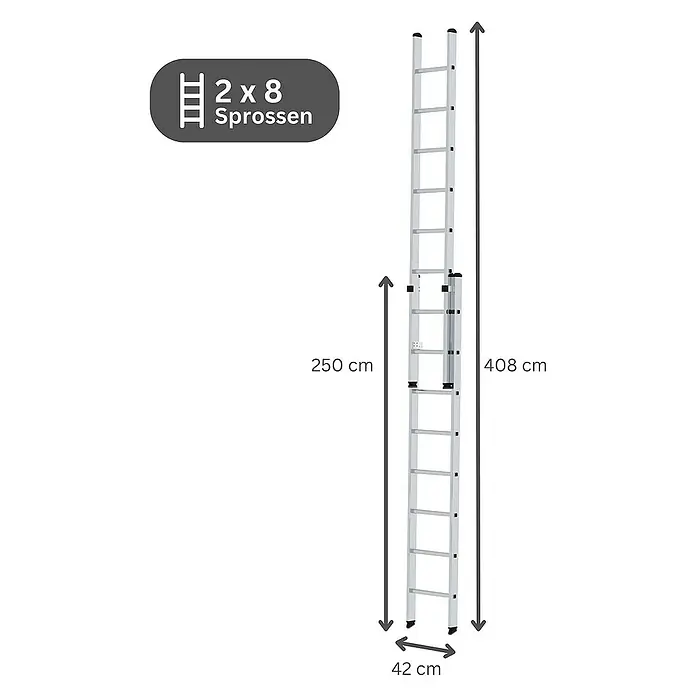 Proregal Schiebeleiter 2-teilig - Anzahl Tritte: 16 Stk., Arbeitshöhe: 5.200 mm, Belastbarkeit: 150 kg, Aluminium - Silberne Aluminium-Ausziehleiter mit 2x8 Sprossen, max. Länge 408 cm, 42 cm breit.