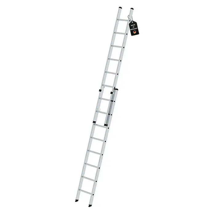 Proregal Schiebeleiter 2-teilig - Anzahl Tritte: 16 Stk., Arbeitshöhe: 5.200 mm, Belastbarkeit: 150 kg, Aluminium - Silberne zweiteilige Aluminium-Ausziehleiter mit „Made in Germany“-Etikett.