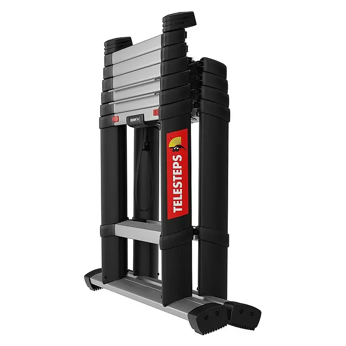 Proregal Teleskopleiter 5+2-Stufen - Anzahl Tritte: 7 Stk., Arbeitshöhe: 3.500 mm, Belastbarkeit: 150 kg, Aluminium - Kompakte, silberne und schwarze Teleskopleiter.