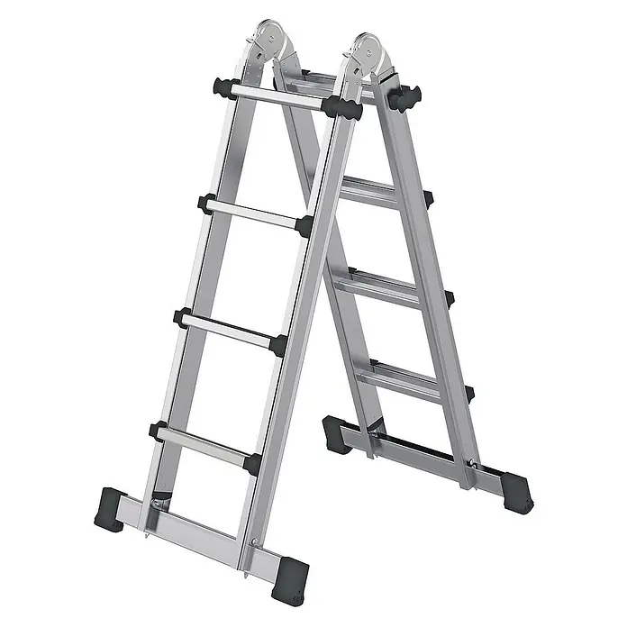 Proregal Teleskopleiter 4-teilig - Anzahl Tritte: 16 Stk., Arbeitshöhe: 5.300 mm, Belastbarkeit: 150 kg, Aluminium - Klappbare Aluminium-Mehrzweckleiter in Silber mit schwarzen rutschfesten Füßen, als Stehleiter aufgestellt.