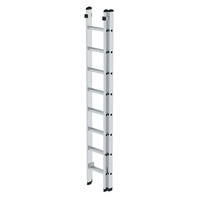 Proregal Schiebeleiter 2-teilig - Anzahl Tritte: 16 Stk., Arbeitshöhe: 5.200 mm, Belastbarkeit: 150 kg, Aluminium - Silberne Aluminium-Ausziehleiter mit schwarzen Kunststoffkappen und Sicherheitsverriegelungen.