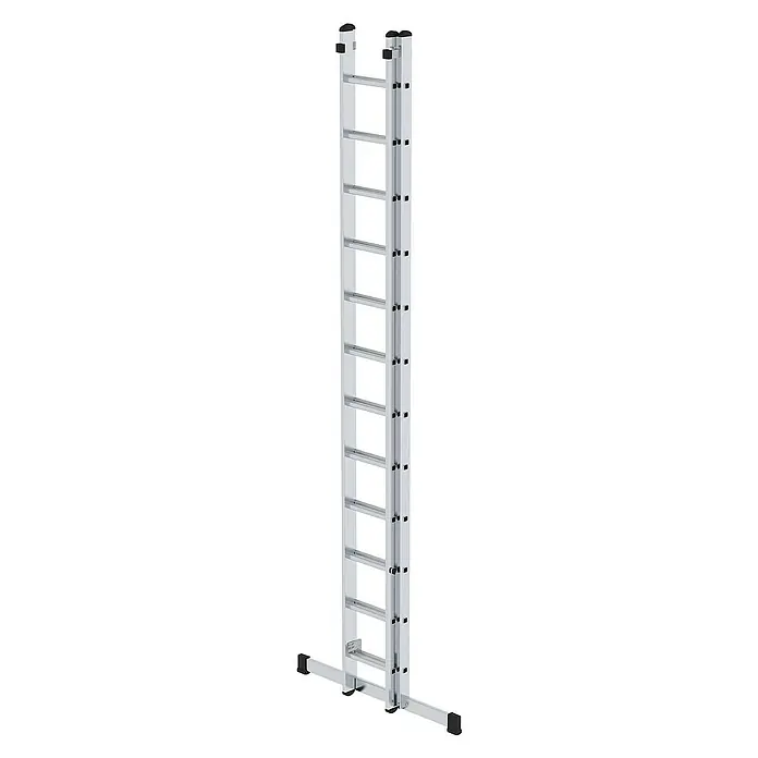 Proregal Schiebeleiter 2-teilig - Anzahl Tritte: 24 Stk., Arbeitshöhe: 7.200 mm, Belastbarkeit: 150 kg, Aluminium - Silberne Aluminium-Zweiteil-Anlegeleiter mit Stabilisatorstange.
