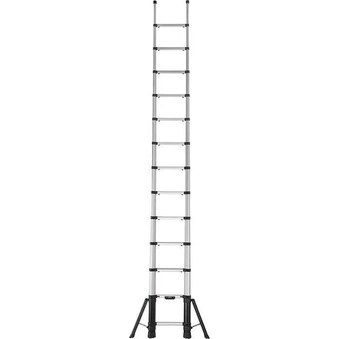Proregal Teleskopleiter 13-Stufen - Anzahl Tritte: 13 Stk., Arbeitshöhe: 4.900 mm, Belastbarkeit: 150 kg, Aluminium - Vollständig ausgefahrene silberne Teleskopleiter mit schwarzen Sprossen und einem A-Rahmen-Stabilisatorfuß.