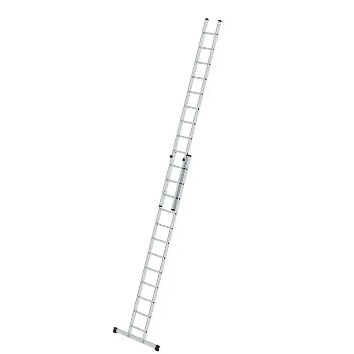 Proregal Schiebeleiter 2-teilig - Anzahl Tritte: 24 Stk., Arbeitshöhe: 7.200 mm, Belastbarkeit: 150 kg, Aluminium - Silberne Aluminium-Ausziehleiter, vollständig ausgefahren.