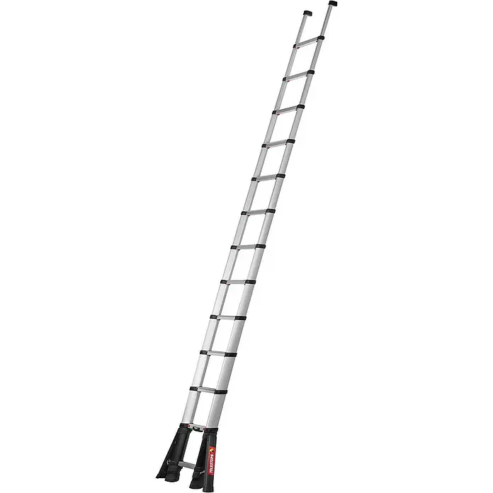 Proregal Teleskopleiter 13-Stufen - Anzahl Tritte: 13 Stk., Arbeitshöhe: 4.900 mm, Belastbarkeit: 150 kg, Aluminium - Ausgefahrene Teleskopleiter aus silbernem Aluminium mit schwarzen Sprossen und Schutzfüßen, bereit für den Zugang in die Höhe.