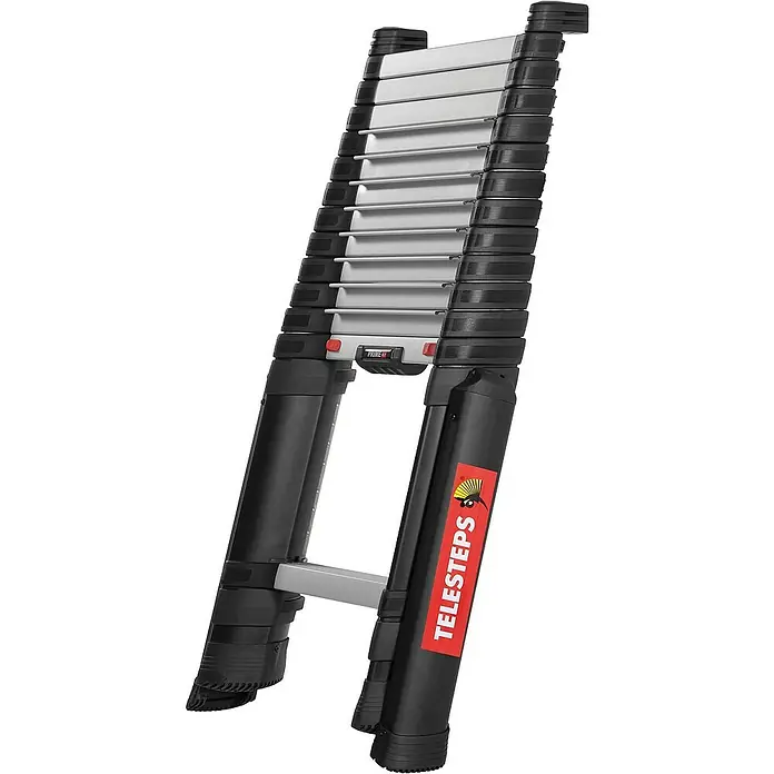 Proregal Teleskopleiter 13-Stufen - Anzahl Tritte: 13 Stk., Arbeitshöhe: 4.900 mm, Belastbarkeit: 150 kg, Aluminium - Teilweise ausgezogene schwarz-silberne Teleskopleiter mit grauen Sprossen und schwarzen Seitenteilen. Mit rotem "TELESTEPS"-Etikett.