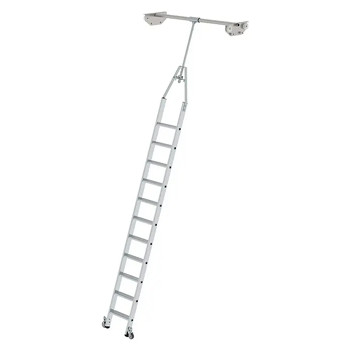 Proregal Anlegeleiter Regalleiter drehabr mit 11 Stufen - Anzahl Tritte: 11 Stk., Arbeitshöhe: 4.610 mm, Belastbarkeit: 150 kg, Aluminium - Silberfarbene Aluminium-Bodentreppe mit oberer Befestigungsstange und Rollen, für den Dachboden.