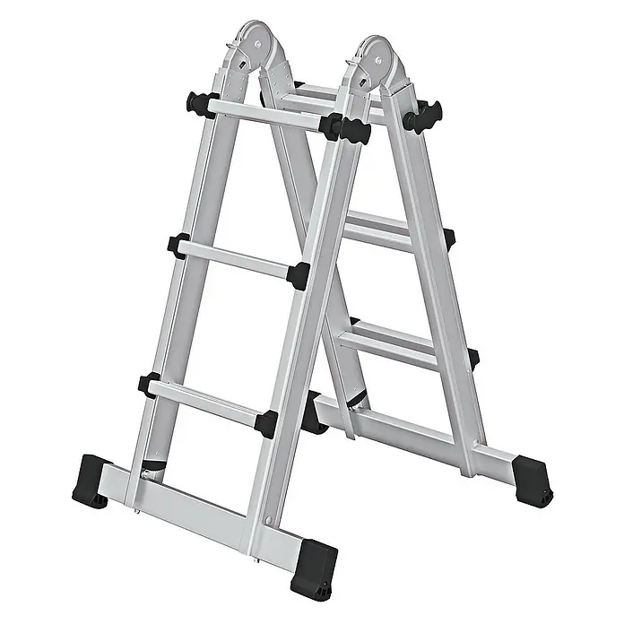Proregal Teleskopleiter 4-teilig - Anzahl Tritte: 12 Stk., Arbeitshöhe: 4.200 mm, Belastbarkeit: 150 kg, Aluminium - Silberfarbene Aluminium-Mehrzweckleiter in A-Form, mit schwarzen rutschfesten Füßen und verstellbaren Gelenken.
