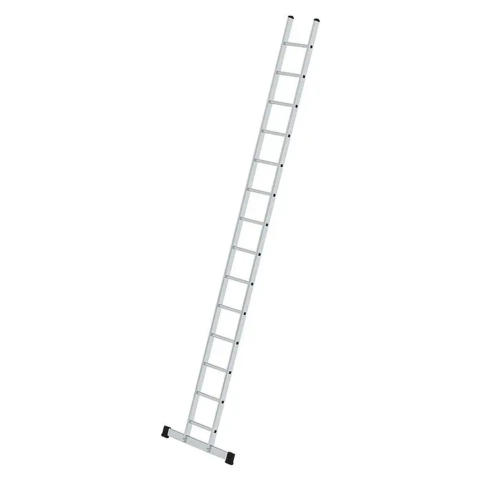 Proregal Anlegeleiter mit Standard-Traverse - Anzahl Tritte: 14 Stk., Arbeitshöhe: 5.300 mm, Belastbarkeit: 150 kg, Aluminium - Silberne Aluminium-Anlegeleiter mit schwarzen Kappen an den Holmen und einer breiten Standbasis.