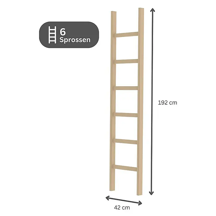 Proregal Anlegeleiter mit 6 Sprossen - Anzahl Tritte: 6 Stk., Arbeitshöhe: 3.000 mm, Belastbarkeit: 150 kg, Holz - Hellbraune Holzleiter mit 6 Sprossen, 192 cm hoch und 42 cm breit.