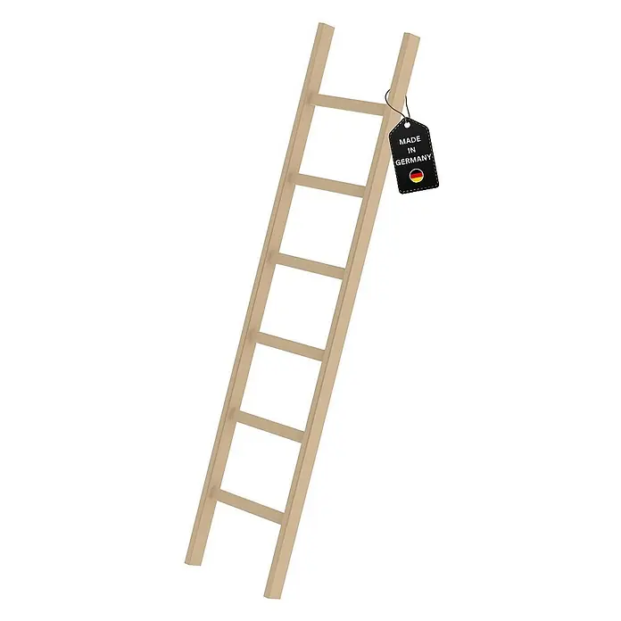 Proregal Anlegeleiter mit 6 Sprossen - Anzahl Tritte: 6 Stk., Arbeitshöhe: 3.000 mm, Belastbarkeit: 150 kg, Holz - Hölzerne Anlegeleiter in hellem Braun mit schwarzem „Made in Germany“-Etikett und deutscher Flagge oben.