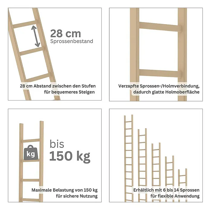 Proregal Anlegeleiter mit 6 Sprossen - Anzahl Tritte: 6 Stk., Arbeitshöhe: 3.000 mm, Belastbarkeit: 150 kg, Holz - Holzleiter mit 28 cm Sprossenabstand, verzapften Verbindungen, 150 kg Tragkraft, erhältlich mit 6-14 Sprossen.