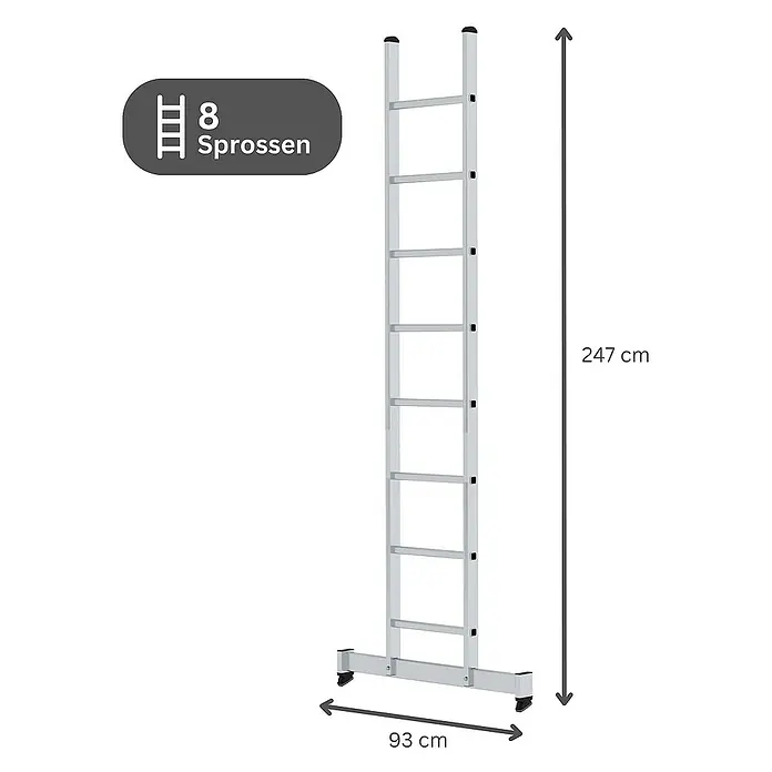 Proregal Anlegeleiter mit nivello®-Traverse - Anzahl Tritte: 8 Stk., Arbeitshöhe: 3.600 mm, Belastbarkeit: 150 kg, Aluminium - Silberne Aluminiumleiter mit 8 Sprossen, 247 cm hoch und 93 cm breit an der Basis.