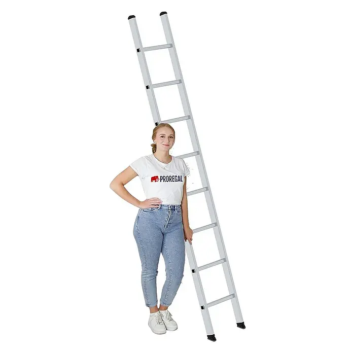 Proregal Anlegeleiter mit 8 Sprossen - Anzahl Tritte: 8 Stk., Belastbarkeit: 150 kg, Aluminium - Hohe, silberfarbene Aluminiumleiter aufrecht stehend, mit einer Person daneben zur Größenangabe.