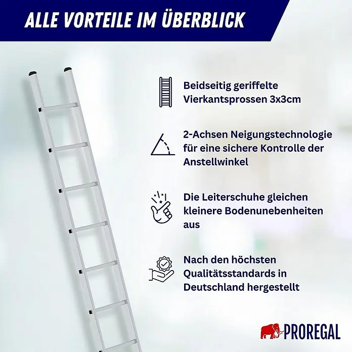 Proregal Anlegeleiter mit 8 Sprossen - Anzahl Tritte: 8 Stk., Belastbarkeit: 150 kg, Aluminium - Silberne Aluminiumleiter mit Vierkantsprossen, 2-Achsen Neigungstechnologie und speziellen Standfüßen für Stabilität. Hergestellt in Deutschland.