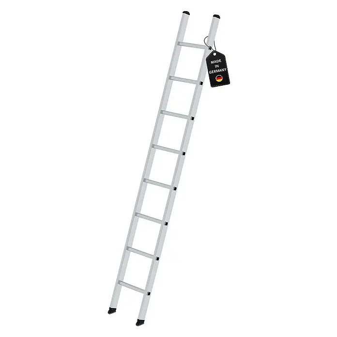 Proregal Anlegeleiter mit 8 Sprossen - Anzahl Tritte: 8 Stk., Belastbarkeit: 150 kg, Aluminium - Silberne Aluminiumleiter mit einem "Made in Germany"-Etikett am oberen Holm.