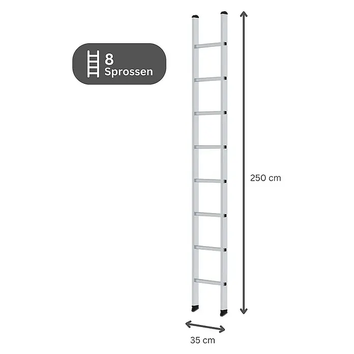 Proregal Anlegeleiter mit 8 Sprossen - Anzahl Tritte: 8 Stk., Belastbarkeit: 150 kg, Aluminium - Silberne Leiter mit 8 Sprossen, 250 cm hoch und 35 cm breit.