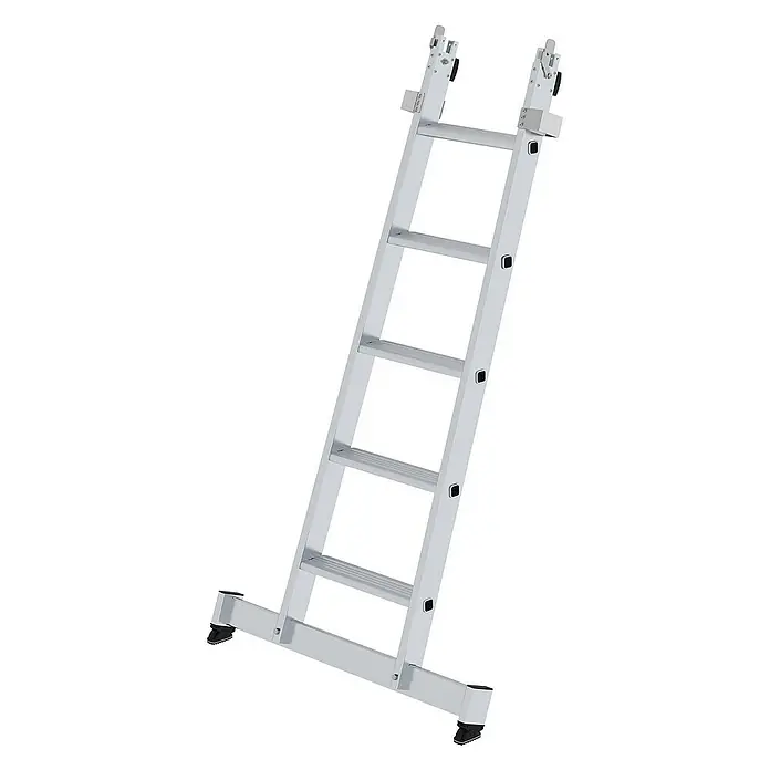 Proregal Anlegeleiter Glasreinigerleiter mit nivello®-Traverse - Anzahl Tritte: 5 Stk., Belastbarkeit: 120 kg, Aluminium - Silberne Aluminium-Mehrzweckleiter mit breiter Stabilisatorbasis und oberen Gelenkmechanismen.