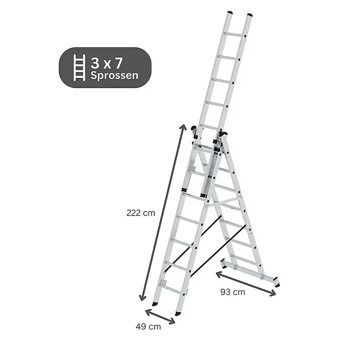 Proregal Mehrzweckleiter 3-teilig - Anzahl Tritte: 21 Stk., Arbeitshöhe: 6.100 mm, Belastbarkeit: 150 kg, Aluminium - Silberne 3x7 Sprossen Aluminium-Mehrzweckleiter, 222 cm hoch, 93 cm breit.