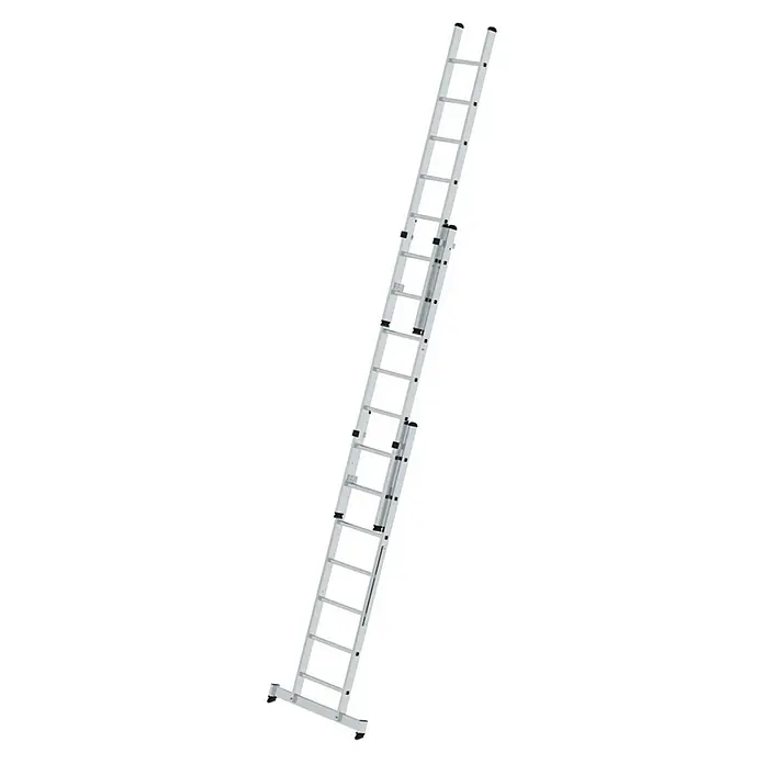 Proregal Mehrzweckleiter 3-teilig - Anzahl Tritte: 21 Stk., Arbeitshöhe: 6.100 mm, Belastbarkeit: 150 kg, Aluminium - Voll ausgezogene silberne Aluminium-Anlegeleiter.