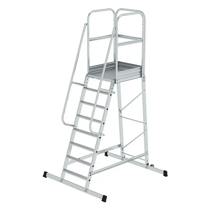 Proregal Stehleiter Plattformleiter mit Rollen - Anzahl Tritte: 8 Stk., Arbeitshöhe: 3.900 mm, Belastbarkeit: 150 kg, Aluminium - Silberne Aluminium-Arbeitsplattform mit Stufen, Handläufen und einer stabilen Plattform für sicheren erhöhten Zugang.