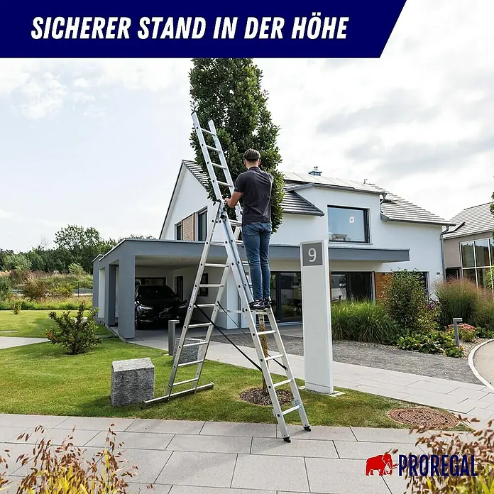 Proregal Mehrzweckleiter 3-teilig - Anzahl Tritte: 21 Stk., Arbeitshöhe: 6.100 mm, Belastbarkeit: 150 kg, Aluminium - Ein Mann nutzt eine silberne Aluminium-Mehrzweckleiter in A-Form, um einen Baum vor einem modernen Haus zu schneiden.