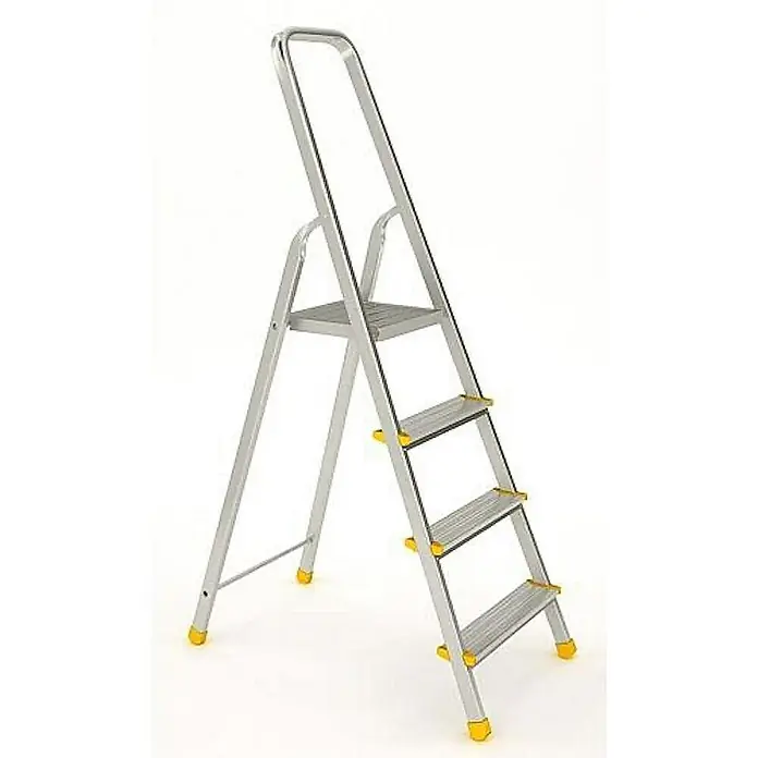 Proregal Stehleiter mit 6 Stufen - Anzahl Tritte: 6 Stk., Belastbarkeit: 125 kg, Aluminium - Silberfarbene Aluminium-Klappleiter mit drei breiten Stufen, einer Plattform und einem Haltegriff, alle mit gelben rutschfesten Elementen.
