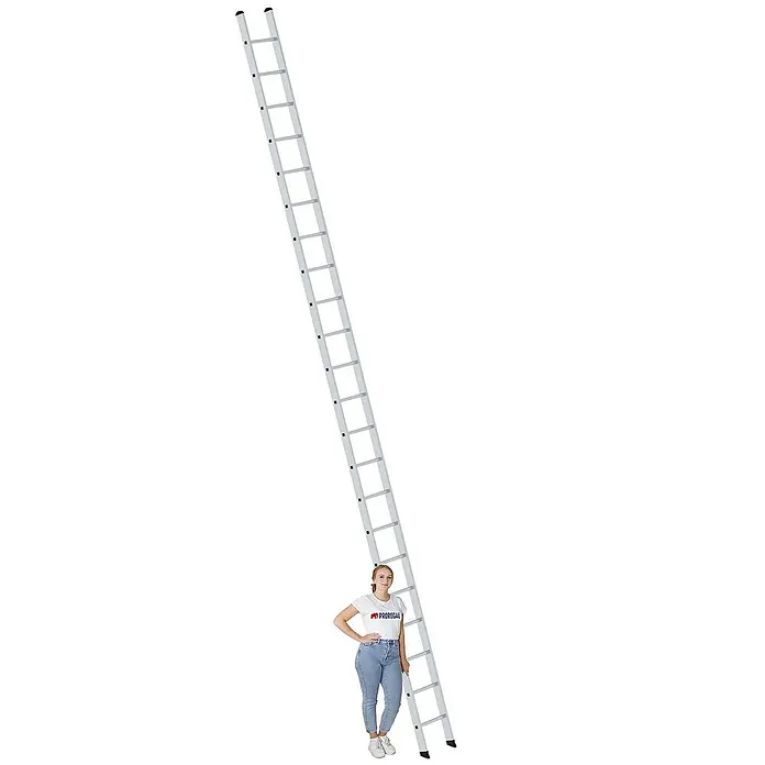 Proregal Anlegeleiter mit 22 Sprossen - Anzahl Tritte: 22 Stk., Arbeitshöhe: 6.900 mm, Belastbarkeit: 150 kg, Aluminium - Lange silberne Aluminium-Anlegeleiter, mit Person zur Größenveranschaulichung.