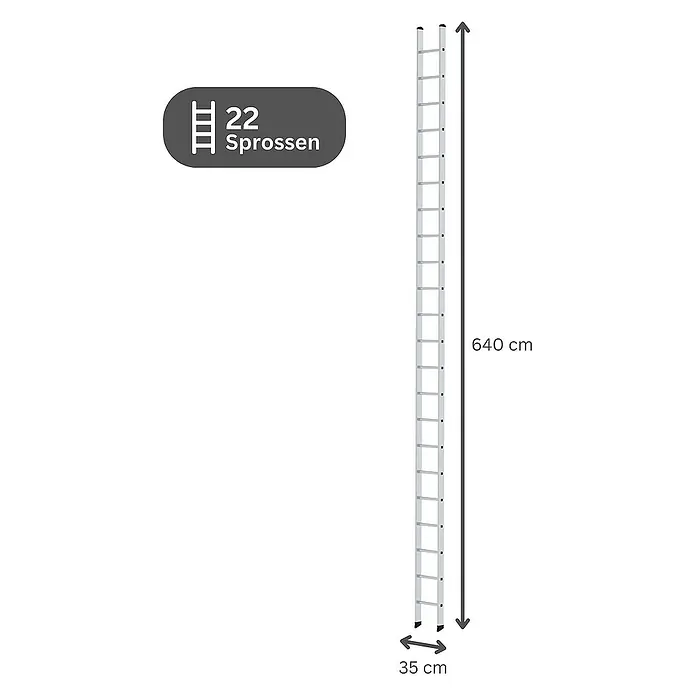 Proregal Anlegeleiter mit 22 Sprossen - Anzahl Tritte: 22 Stk., Arbeitshöhe: 6.900 mm, Belastbarkeit: 150 kg, Aluminium - Silberne Aluminiumleiter mit 22 Sprossen, 640 cm Höhe und 35 cm Breite.