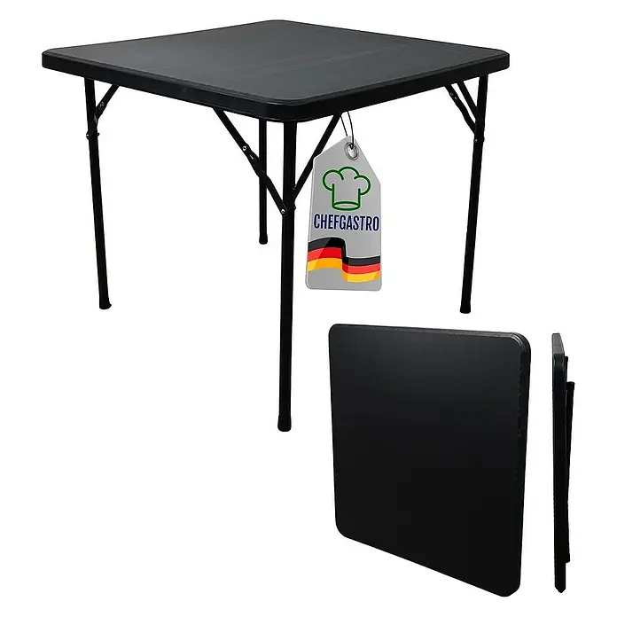 Chefgastro Balkontisch Balkontisch aus Kunststoff, klappbar, für 4 Personen - Klappbar, Viereckig, Schwarz - Schwarzer quadratischer Klapptisch mit 'CHEFGASTRO'-Markenetikett, aufgeklappt und zusammengeklappt für kompakte Lagerung.