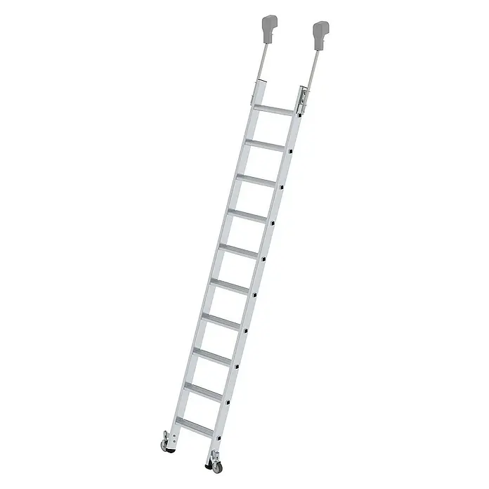 Proregal Anlegeleiter Regalleiter fahrbar - Anzahl Tritte: 12 Stk., Arbeitshöhe: 4.300 mm, Belastbarkeit: 150 kg, Aluminium - Silberne Aluminium-Anlegeleiter mit ausziehbaren oberen Haltegriffen und Transporträdern unten.