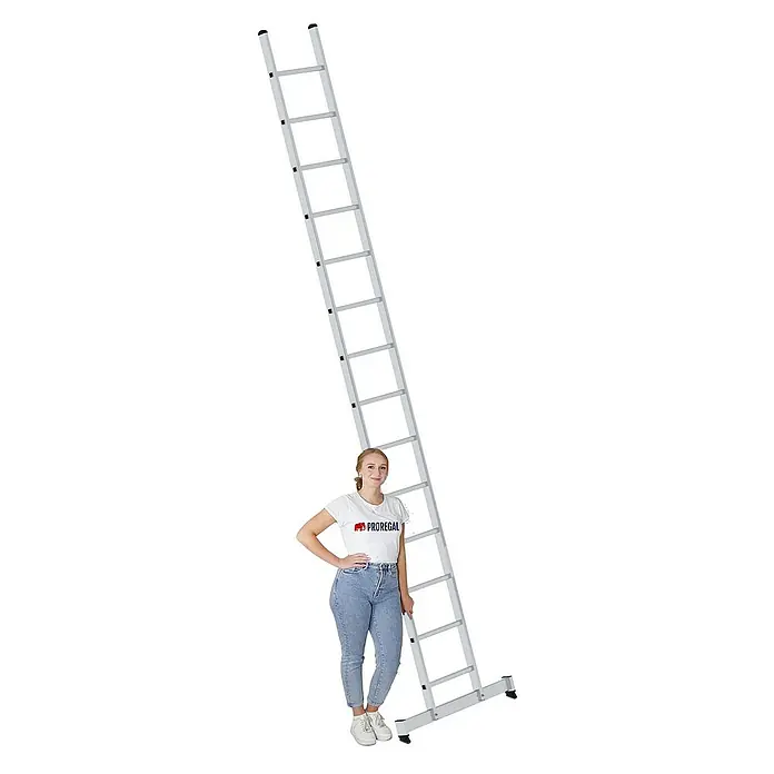Proregal Anlegeleiter mit nivello®-Traverse - Anzahl Tritte: 14 Stk., Arbeitshöhe: 5.300 mm, Belastbarkeit: 150 kg, Aluminium