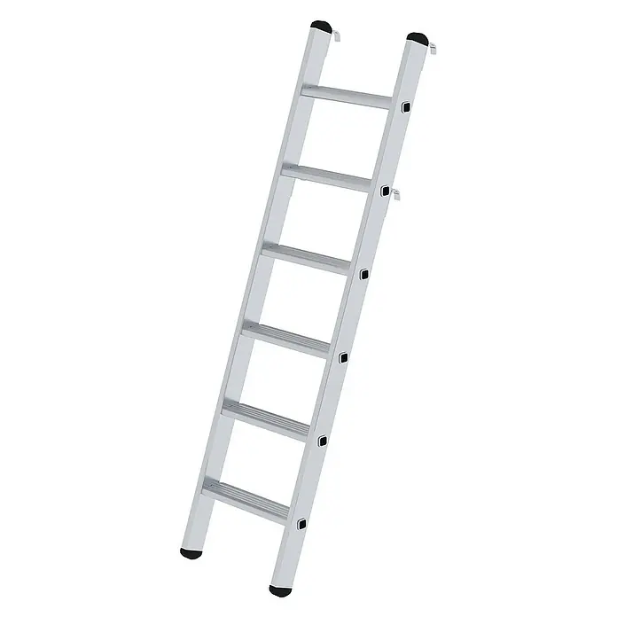 Proregal Anlegeleiter Regalleiter einhängbar - Anzahl Tritte: 6 Stk., Arbeitshöhe: 2.800 mm, Belastbarkeit: 150 kg, Aluminium - Silberne Aluminiumleiter mit schwarzen Schutzkappen und Verriegelungsmechanismen.