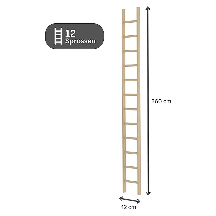 Proregal Anlegeleiter mit 12 Sprossen - Anzahl Tritte: 12 Stk., Arbeitshöhe: 4.700 mm, Belastbarkeit: 150 kg, Holz - Hohe Holzleiter mit 12 Sprossen, 360 cm hoch und 42 cm breit.