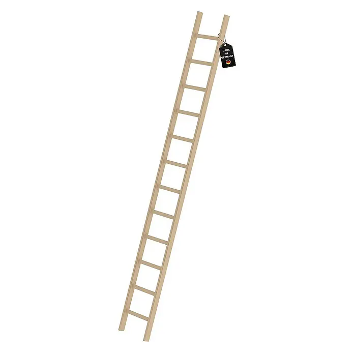 Proregal Anlegeleiter mit 12 Sprossen - Anzahl Tritte: 12 Stk., Arbeitshöhe: 4.700 mm, Belastbarkeit: 150 kg, Holz - Hellbraune Holzleiter mit "Made in Germany"-Etikett.