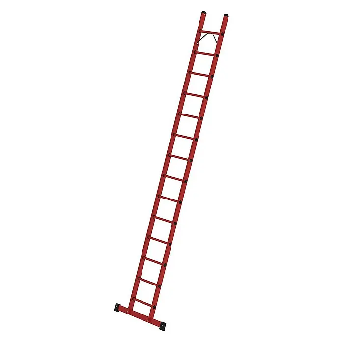 Proregal Anlegeleiter mit 14 Sprossen - Anzahl Tritte: 14 Stk., Arbeitshöhe: 5.300 mm, Belastbarkeit: 150 kg, Kunststoff - Rote Anlegeleiter mit breiten Sprossen und schwarzen Anti-Rutsch-Füßen.