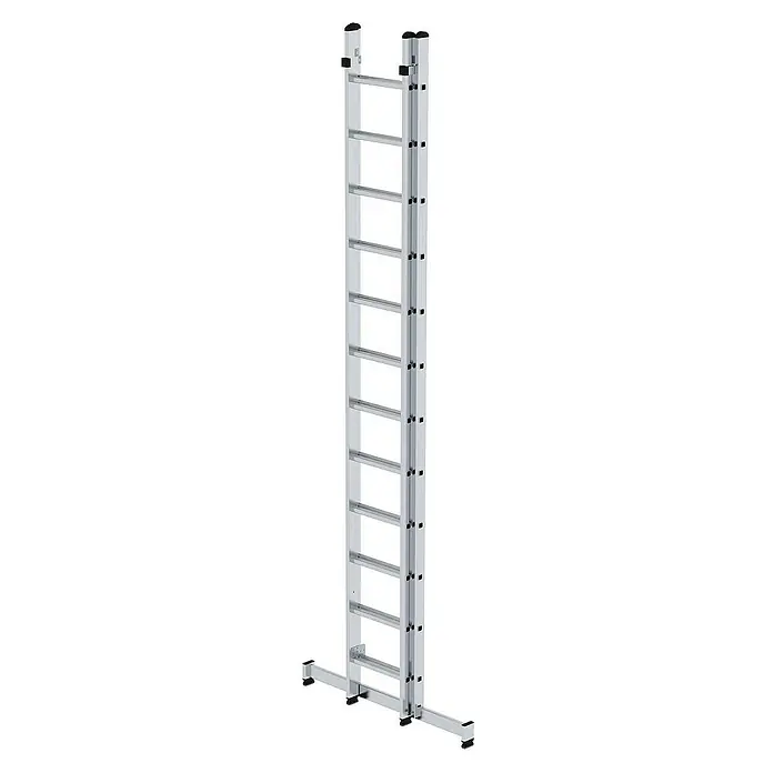 Proregal Mehrzweckleiter 2-teilig - Anzahl Tritte: 24 Stk., Arbeitshöhe: 7.200 mm, Belastbarkeit: 150 kg, Aluminium - Silberne Aluminium-Ausziehleiter mit breiten Sprossen und Stabilisatorbalken.