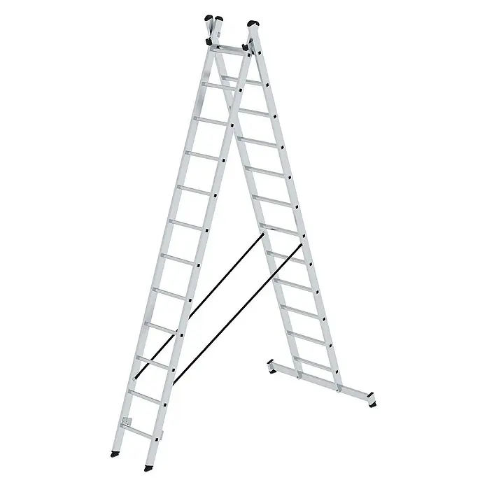 Proregal Mehrzweckleiter 2-teilig - Anzahl Tritte: 24 Stk., Arbeitshöhe: 7.200 mm, Belastbarkeit: 150 kg, Aluminium - Silberne Aluminium-Mehrzweckleiter in A-Form mit schwarzen Stabilisierungsstangen.