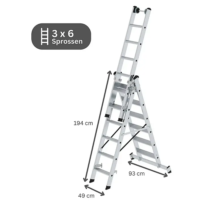 Proregal Mehrzweckleiter 3-teilig - Anzahl Tritte: 18 Stk., Arbeitshöhe: 5.200 mm, Belastbarkeit: 150 kg, Aluminium - Silberne Aluminium-Mehrzweckleiter mit 3x6 Sprossen, gezeigt bei 194 cm Höhe, 93 cm Basis, 49 cm Fußbreite.