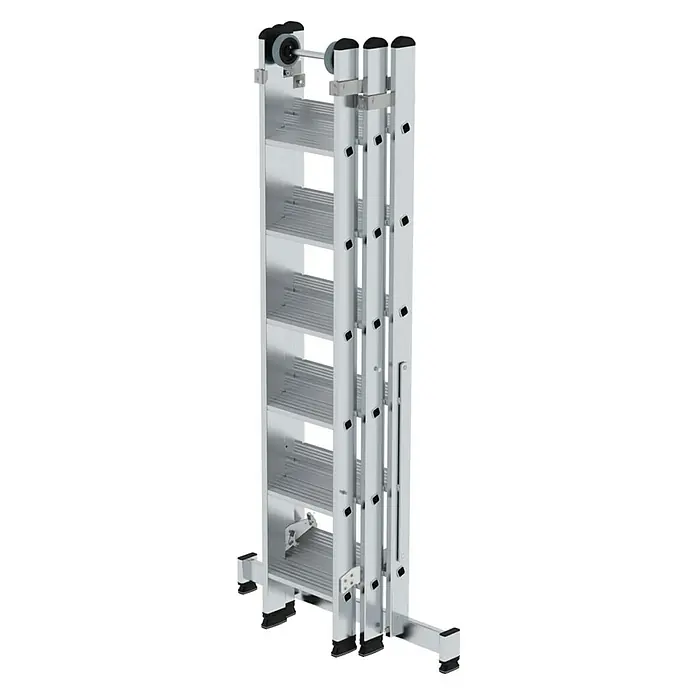 Proregal Mehrzweckleiter 3-teilig - Anzahl Tritte: 18 Stk., Arbeitshöhe: 5.200 mm, Belastbarkeit: 150 kg, Aluminium - Silberne Aluminium-Mehrzweck-Ausziehleiter mit Rollen, rutschfesten Füßen und Stabilisator.