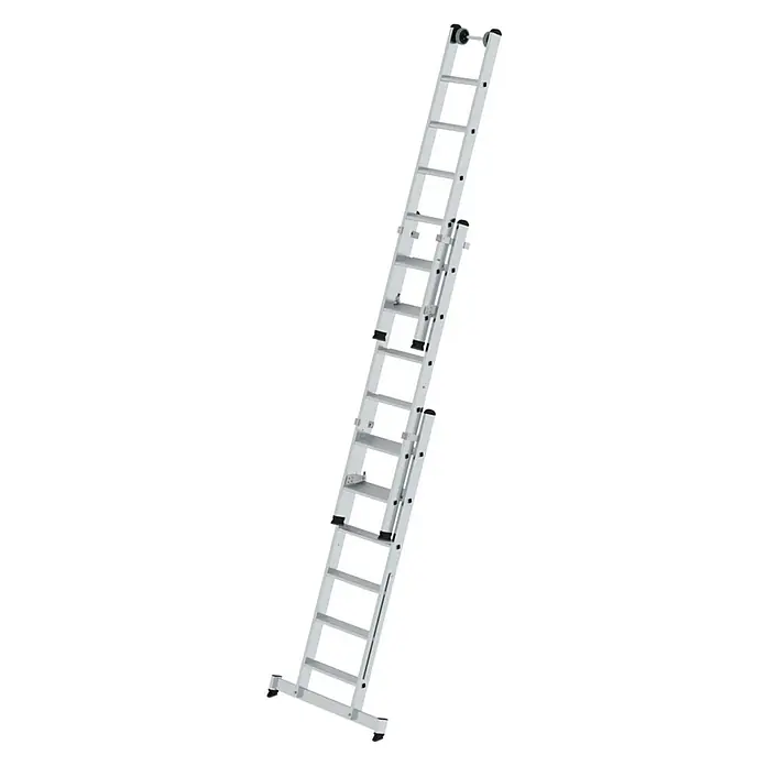 Proregal Mehrzweckleiter 3-teilig - Anzahl Tritte: 18 Stk., Arbeitshöhe: 5.200 mm, Belastbarkeit: 150 kg, Aluminium - Dreiteilige silberne Aluminium-Anlegeleiter mit Rollen oben, zur Höhenerweiterung ausgefahren.