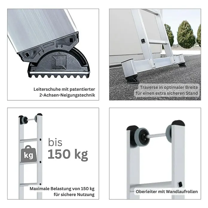 Proregal Mehrzweckleiter 3-teilig - Anzahl Tritte: 18 Stk., Arbeitshöhe: 5.200 mm, Belastbarkeit: 150 kg, Aluminium - Aluminiumleiter mit patentierter Neigungstechnik, breiter Traverse, Wandlaufrollen und 150 kg Tragfähigkeit.