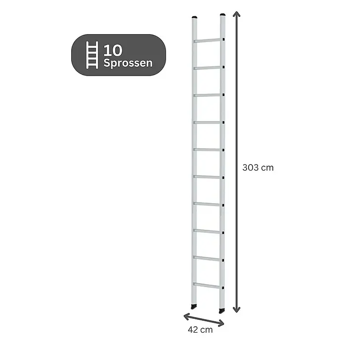 Proregal Anlegeleiter mit 10 Sprossen - Anzahl Tritte: 10 Stk., Arbeitshöhe: 4.100 mm, Belastbarkeit: 150 kg, Aluminium - Aluminiumleiter mit 10 Sprossen, 303 cm hoch und 42 cm breit.