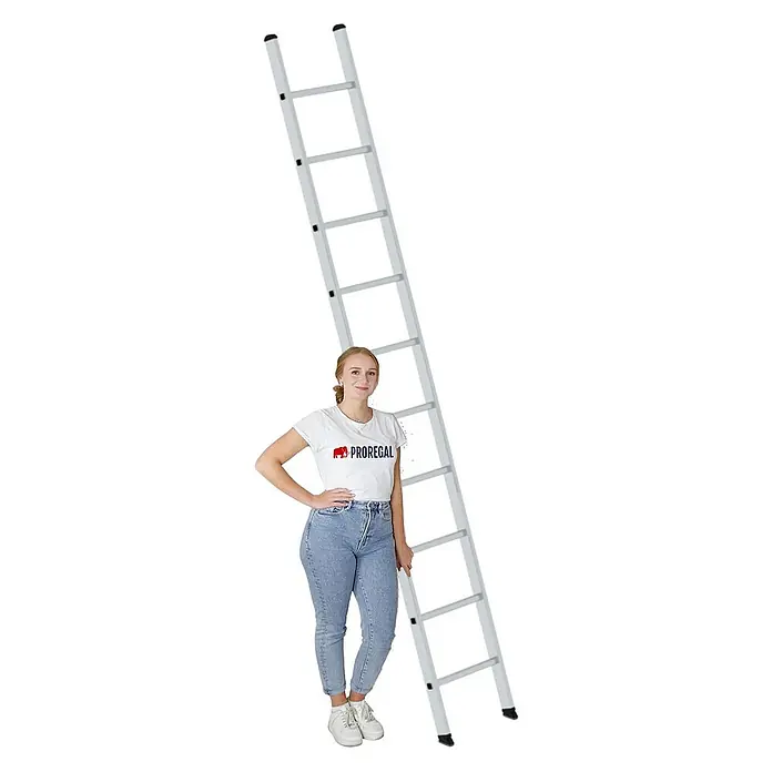 Proregal Anlegeleiter mit 10 Sprossen - Anzahl Tritte: 10 Stk., Arbeitshöhe: 4.100 mm, Belastbarkeit: 150 kg, Aluminium - Hohe, silberfarbene Leiter mit einer Frau daneben, die ihre beeindruckende Höhe zeigt.