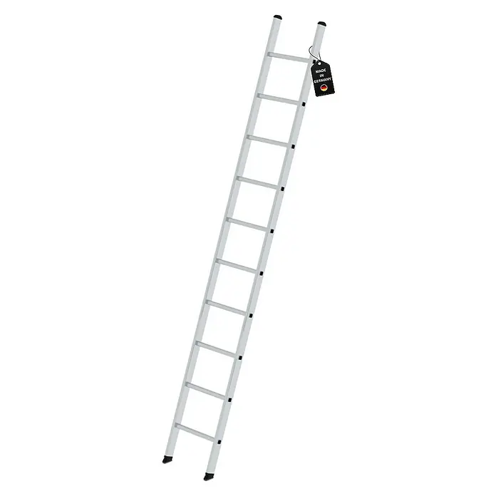 Proregal Anlegeleiter mit 10 Sprossen - Anzahl Tritte: 10 Stk., Arbeitshöhe: 4.100 mm, Belastbarkeit: 150 kg, Aluminium - Silberfarbene Aluminiumleiter mit schwarzen Schutzkappen an Ober- und Unterseite und einem 'MADE IN GERMANY' Etikett.