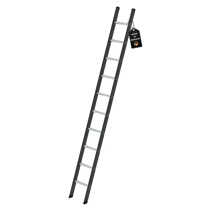 Proregal Anlegeleiter mit 10 Sprossen - Anzahl Tritte: 10 Stk., Arbeitshöhe: 4.100 mm, Aluminium - Dunkelgraue Aluminium-Anlegeleiter mit hellen Sprossen, schützenden Endkappen und „Made in Germany“-Etikett.