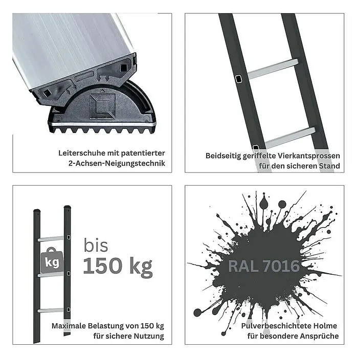 Proregal Anlegeleiter mit 10 Sprossen - Anzahl Tritte: 10 Stk., Arbeitshöhe: 4.100 mm, Aluminium - Robuste Leiter mit patentierten Neigungsfüßen, geriffelten Sprossen und 150 kg Tragkraft. Anthrazitfarbene, pulverbeschichtete Holme für sicheren Stand.