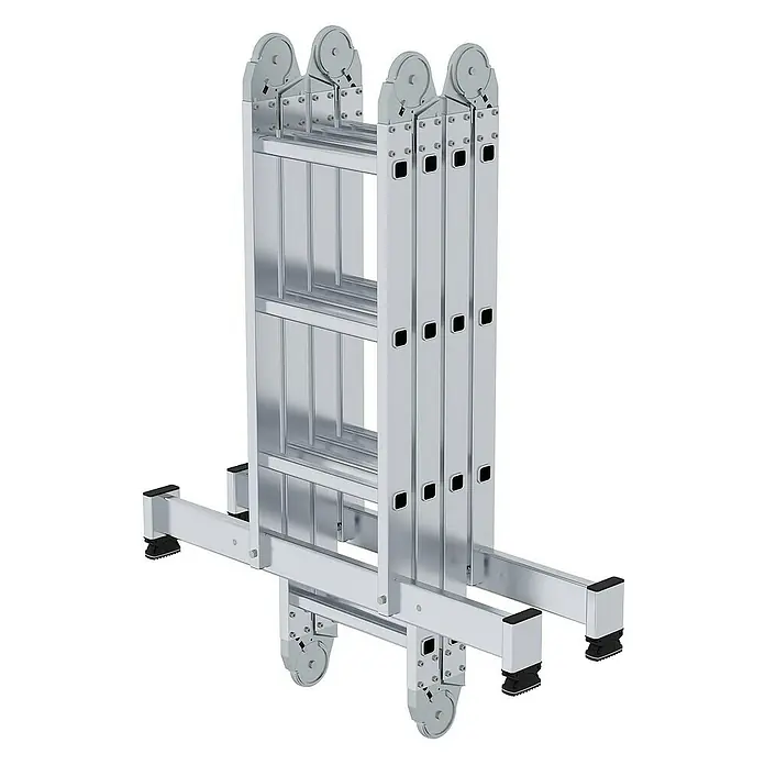 Proregal Mehrzweckleiter 4-teilig - Anzahl Tritte: 6 Stk., Arbeitshöhe: 5.300 mm, Belastbarkeit: 150 kg, Aluminium - Silberne Aluminium-Mehrzweck-Klappleiter mit breiten Stabilisatoren und Rollen.